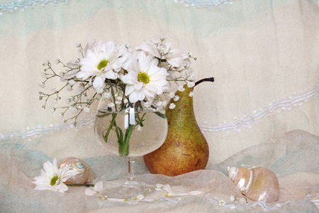 lovely still life - water, seashells, lovely, still life, flowers, pear, daisies, fruit, glass