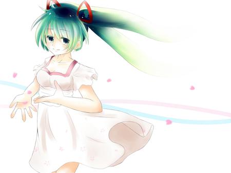 Hatsune Miku - pretty, pink, light, nice, program, beauty, virtual, colors, petals, white, cute, aqua eyes, song, vocaloid, anime, blue, flower petals, twintail, dress, hatsune miku, music, aqua, red, ribbons, idol, anime girl, beautiful, singer, girl, cool, white dress, colorful, glow, miku, awesome, diva, waves, aqua hair, hatsune, vocaloids