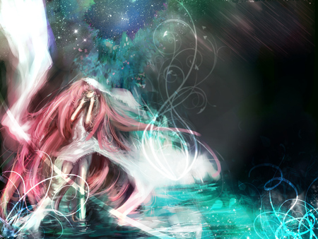 Sweet Tune - pretty, radical, pink, vibe, light, luka, space, animal, exotic, nice, program, digital art, megurine, beauty, virtual, river, drawing, white, megurine luka, cute, song, aristic, bird, vocaloid, anime, blue, dress, stars, shiny, music, seagull, flute, pink hair, art, sun, idol, anime girl, water, beautiful, singer, girl, cool, white dress, black, colorful, glow, waterfall, awesome, diva, painting, digital, vocaloids