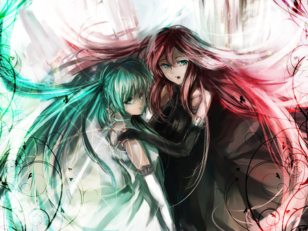 Hatsune Miku & Megurine Luka - virtual, miku, digital, vocaloids, song, megurine, singer, megurine luka, cool, pink, awesome, vocaloid, anime, twintail, painting, white dress, hatsune, black, cute, beautiful, girl, abstract, anime girl, white, luka, program, artistic, pretty, aqua, beauty, drawing, digital art, dress, art, diva, nice, idol, music, hatsune miku