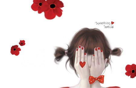 Something Special - pretty, heart, romantic, flowers, red, abstract, poppy, beautiful, girl, beauty, lovely, love, sweet, flower, hair, red flowers, drawing, hands, white, hand, woman