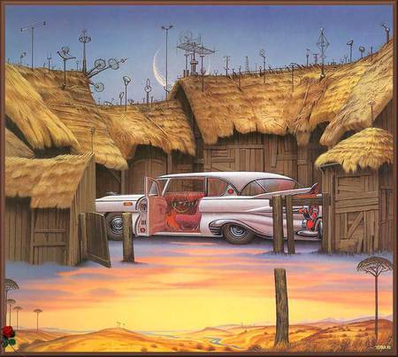 The Space Barn - moon, horizon, art, car, antenna