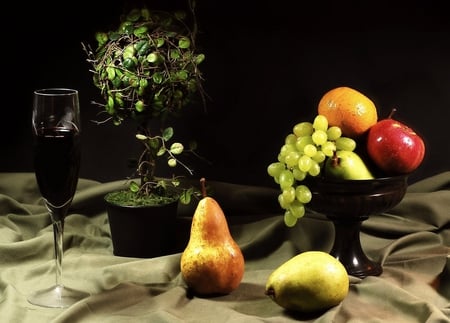 still life 1 - glass, pears, fruits, still life, bonsai, apples, vine, beautiful, grape