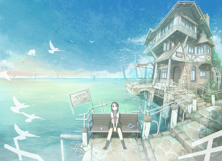 seaside holidays - water, house, anime, sunset, sea, girl, birds