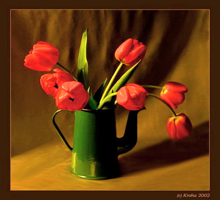 Tulips and gold - red, green container, tulips, gold table