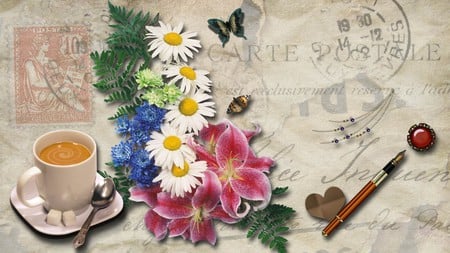 Cappucino and Flowers - pen, heart, summer, coffee, postmark, firefox persona, vintage, butterfly, floral, cup