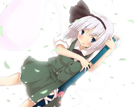 little stength go's a long way - plain background, girl, blue eye, staf, black bow, shorthair, wind, pretty, petals, anime, blush, green dress, whitehair, cute, strength