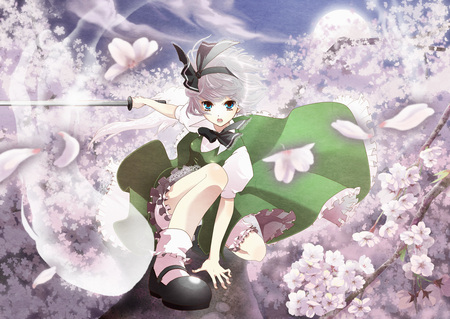 Free spirit (worrier) - tree trunk, shorthair, balanceing, worrier, pretty, blossoms, petals, green, anime, whitehair, ribbon, sword, moon, branches, nearly night, girl, strong, dress