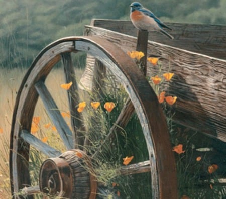 blue and old - songbird, wildflowers, trees, wagon, field, wheel