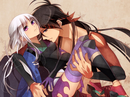 togame & shichika - love, katanagatari, japanese cloths, grey hair, yasuri shichika, togame