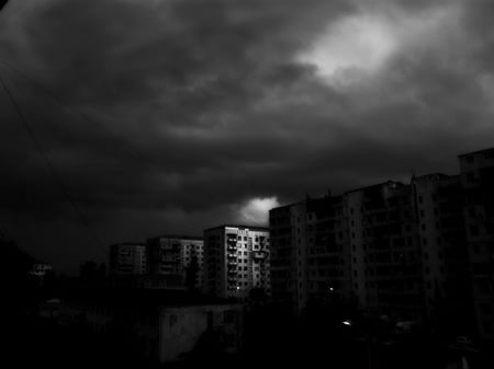 houses in the darkness - building, dark, clouds, house, black and white