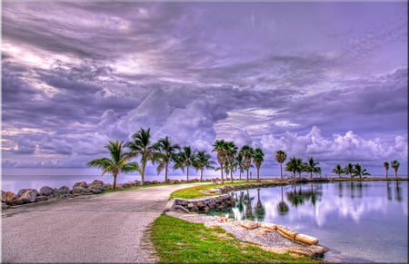 Beach-HDR - nice, sky, beach, photography, water, pleasant, view, quiet, relaxation, reflection, cool, walk, clouds, hdr, grass, ocean, palms, benches, beautiful, rest, stones, sea