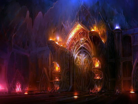 Enter if you dare - haunting looking, flames, darkness, door blue night, castle, torches, skull