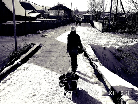 winter - snow, girl, winter, bridge