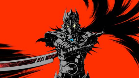 Karas - sword, karas, red background, armor, armour, anime, yellow eyes, weapon