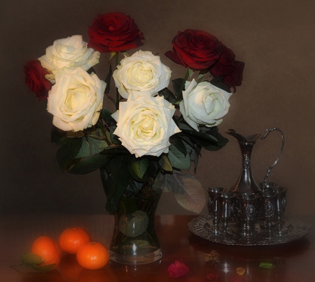 Roses - pretty, roses, white rose, red roses, flowers, red, vase, red rose, beautiful, photography, white roses, beauty, colors, lovely, still life, orange, petals, bouquet, colorful, white, nature, rose