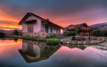 Lovely Place - cottage, sundown, colorful, countryside, sunset, chairs, purple, view, amazing, reflection, river, grass, lake, hills, country, nature, chair, beautiful, cabin, sunrise, beauty, nice, sky, trees, peaceful, water, mirrored, clear, rocks, home, pretty, clouds, architecture, green, house, houses, shore, summer, lovely, serenity, bright, village, splendor, flowers, colors, pool