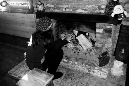 fireplace - winter, fireplace, new year, wood, girl, cold