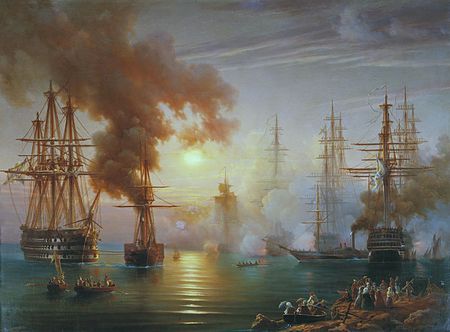 Black Sea Fleet Battle - sailing ships, water, people, smoke, sails, reflection