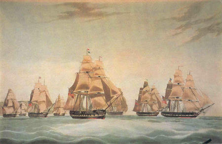 Fleet Leaving St Helena - sailing ships, sky, water, sails, waves, leaving