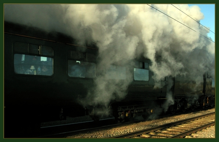 Behind Steam - steam, train, rails, window