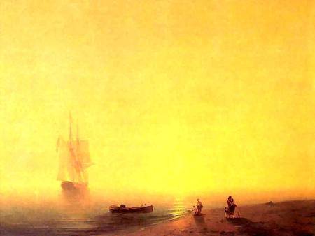 Seashore - haze, people, yellow, beach, boat, sailing ship, sky