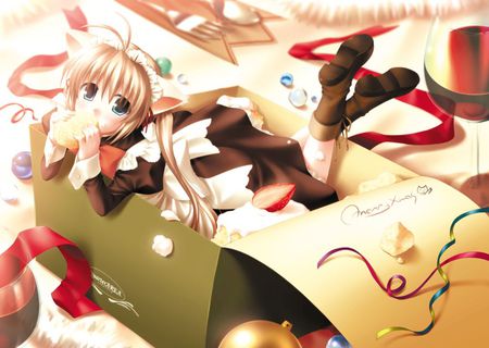 Merry X-Mas - strawberries, anime, girl, merry, females, cat ears, wine, ribbobn, maid clothes, neko chan, eating, box, xmas, gift, cake