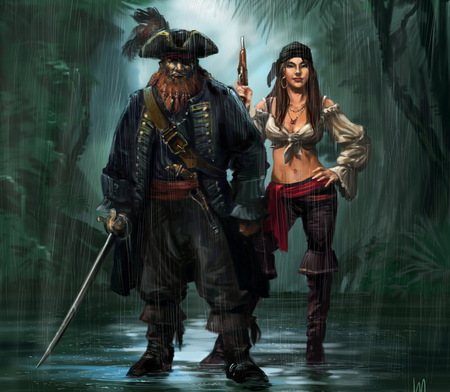 pirates - pirates, forest, wallpaper, rain, beauty, abstract, girl, weapons, captain, fantasy, man