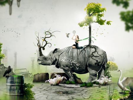 Rhinoceros - green, lady, fantasy, 3d