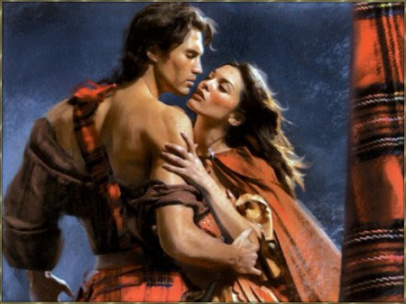 The Highlander - sensual, romantic, embrance, portrait, romance, love, passion, painting, kiss, couple, hug