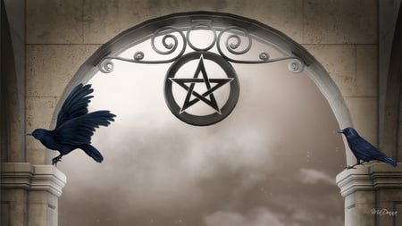 Pentagram Above Door - clouds, star, birds, magicians, believes, gothic, death, firefox persona, ravens, new age, goth, astrology, belief, alternative