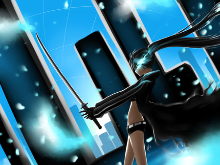 black rock shoooter blue worrier - black, anime, shooter, rock, girl, cute