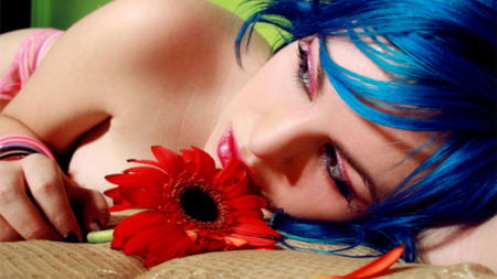 Thinking about you - seductive, hottie, hot, lips, sensual, cuttie, blue hair, face, cute, flower