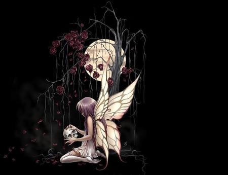 Skull Fairy in the Garden - skull, wings, fantasy, black, rose, white, halloween, dark, petals, tree, luna, garden, moon, girl, night, red, fairy, flower