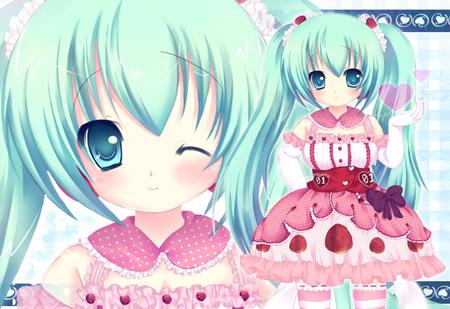 Hatsune Miku - outfit, virtual, miku, vocaloids, song, uniform, singer, red, strawberry, purple, cool, pink, awesome, vocaloid, anime, twintail, aqua hair, hatsune, cute, girl, anime girl, white, beeautiful, program, aqua eyes, pretty, aqua, beauty, dress, diva, nice, idol, music, hatsune miku