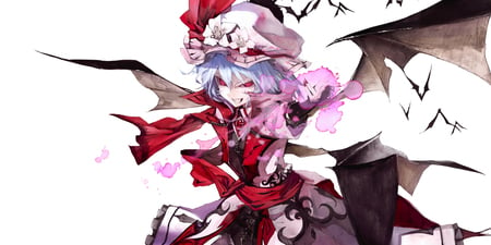 Remilia Scarlet - hat, anime, female, white background, skirt, girl, white hair, red eyes, bats, touhou, wings, remilia scarlet, koumajou densetsu, remilia