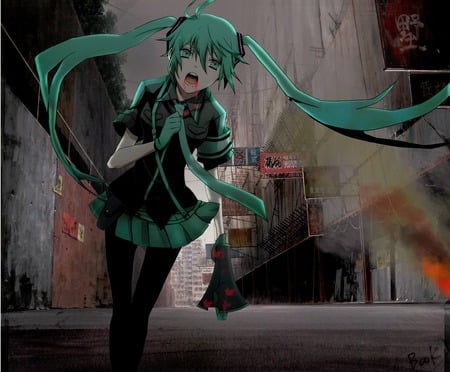 hatsune miku love ...is...war - aqua, miku, back ally, vocliod, hatsune miku, microphone