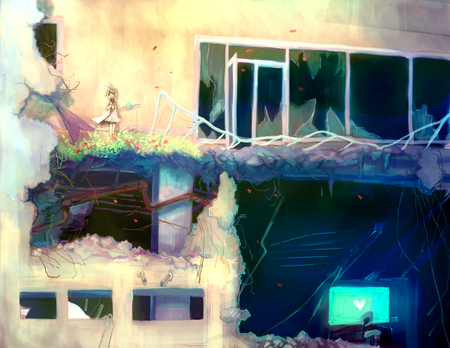 Home - base, run down, building, broken, smiling, watering, computer, plants, home, rin, kagamine, holes, anime, happy