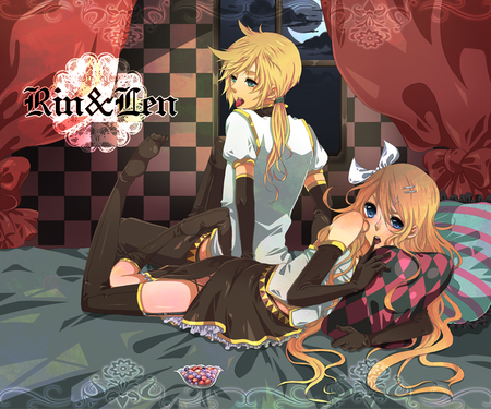 Kagamine Twins - bed, curtains, girl, room, pillows, night, yellow hair, len, rin, kagamine, twins, yellow, anime, guy moon