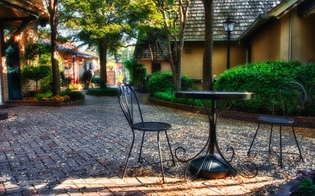 Beautiful Place - street, alley, lanterns, leaves, grass, beautiul, chairs, architecture, view, table, bushes, nature, colorful, streets, pretty, beauty, buildings, cafe, peaceful, chair, sunny, houses, lovely, house, trees, colors, green