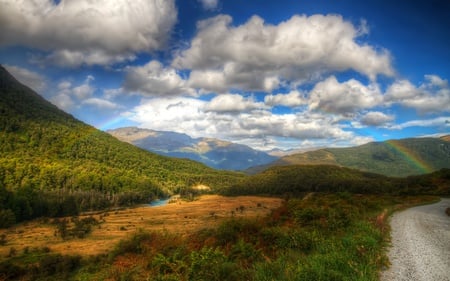 Landscape - beauty, sky, trees, peaceful, water, colorful, mountains, road, view, river, clouds, green, grass, rainbow, landscape, lovely, nature, woods, forest, beautiful, colors