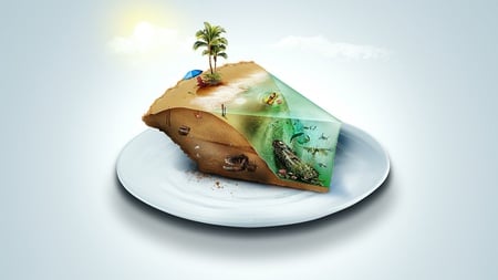 A piece of island - sun, mirage, summer, art, abstract, island, tree, food, sea, plate, piece