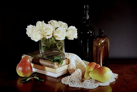 roses and pears - white, roses, pears, beautiful, books, bottles, still life, glass vase