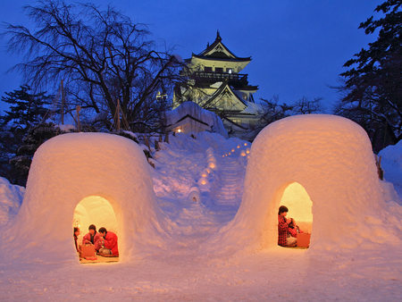 Cool Dining - dinner, igloos, eating, food, japan, evening, traditional, family, meal, home, outside, house, asian, trees, japanese, igloo, snow