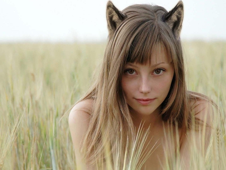 She's A Real Pussy Cat - grass, female, cat, ears