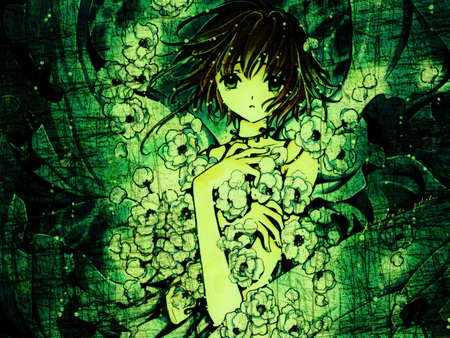 Green touch - anime, green, girl, eyes, plants