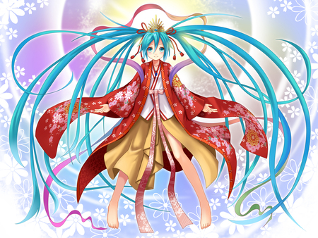 Goddess Miku - pretty, artistic, pink, vibe, flowers, goddess, nice, corwn, program, thighhighs, digital art, beauty, kimono, virtual, white, cute, aqua eyes, song, vocaloid, anime, yellow, blue, twintail, hatsune miku, music, aqua, red, art, idol, anime girl, beautiful, singer, girl, cool, miku, awesome, rays, diva, digital, waves, aqua hair, hatsune, vocaloids