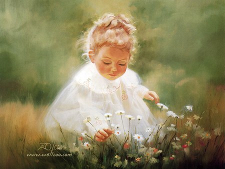 cute,innocence, child, green,orange,flowers - innocence, orange, green, flowers, child, cute