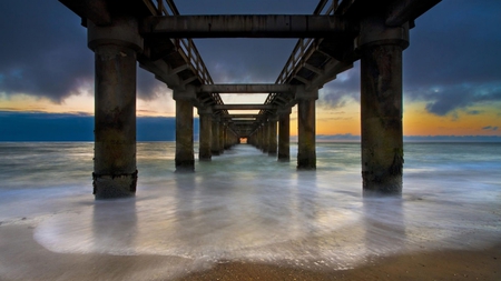 Under The Boardwalk - boardwalk, pier, beach, ocean, water, sunset