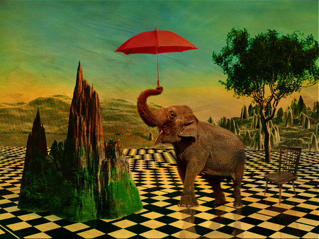 Elephant walk - fantasy, floor, elephant, abstract, walk, red, 3d, umbrella, tree